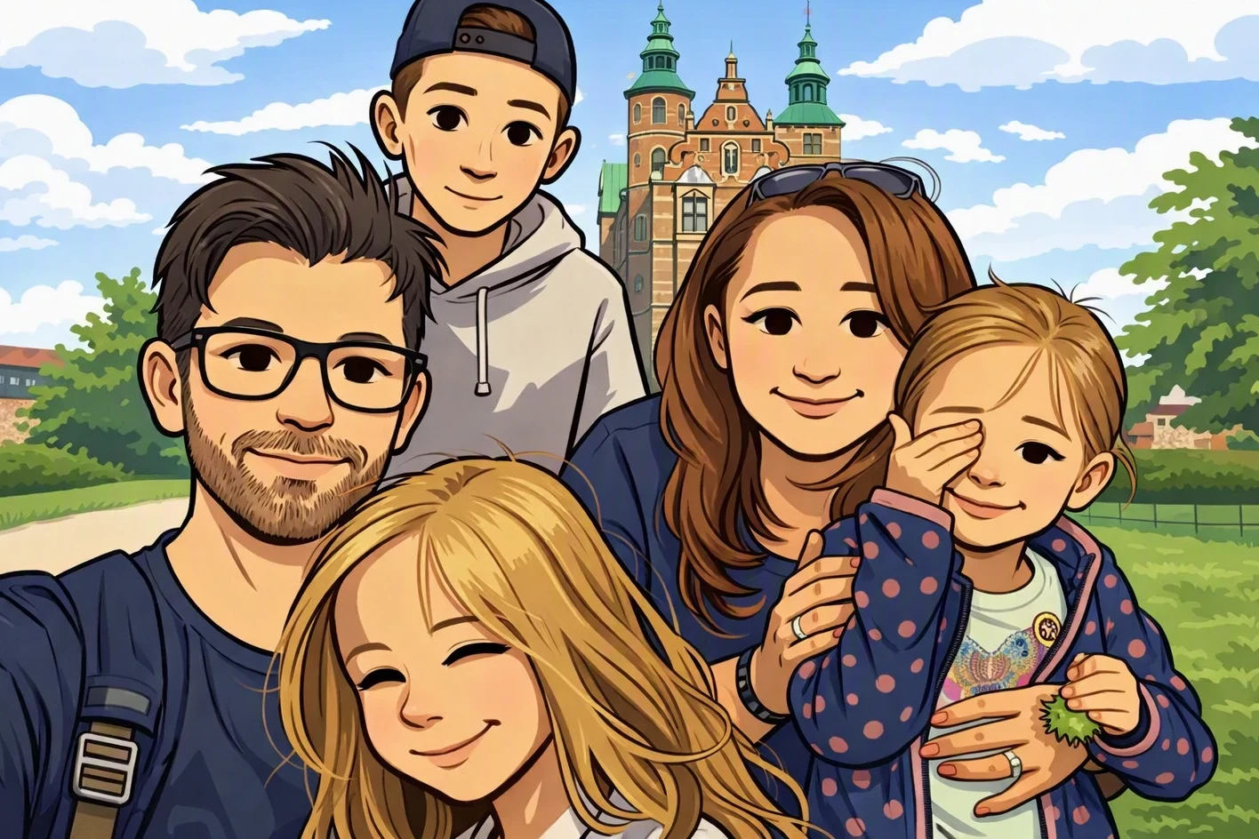 Gezeichnete Illustration: Till mit seiner Frau und den drei Kindern vor einem Schloss
